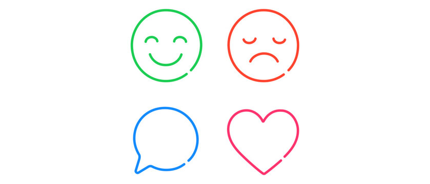 Professional collection of 4 icons for digital social media sentiment analysis with smiley face, frowny face, speech bubble and heart vector icon set with editable stroke and adjustable weight.