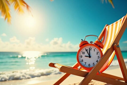 A lively image of an alarm clock resting on a beach chair under the sun, marking the end of summer and the start of an exciting new journey.