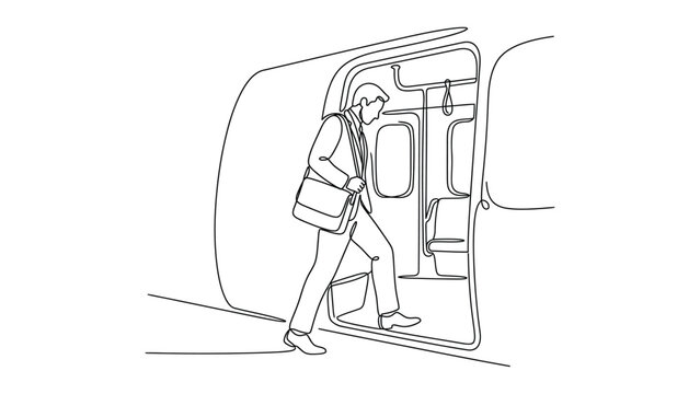 continuous line art Person stepping off a train platform.