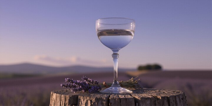 A stemmed coupe glass rests on a weathered wooden stump amidst blooming lavender in a serene summer landscape.