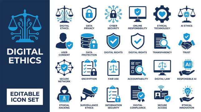 Digital ethics and AI governance icon set. Professional symbols for cyber security, data privacy, responsible artificial intelligence, transparency, and online safety.