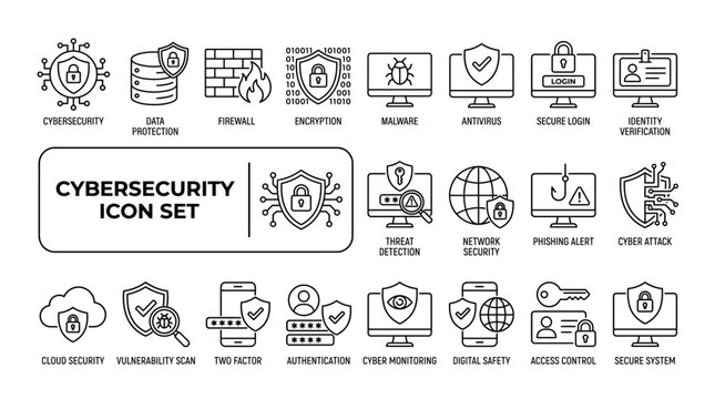 Cybersecurity line icon set for data protection, network security, digital safety, and access control. Essential vector graphics for modern technology design.