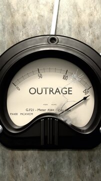 Outrage meter showing big levels of outrage. Dangerously increasing values of outrage, critical overload. Too much, off the charts. Max outrage