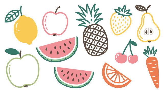 Assorted hand drawn fruits and vegetables in pastel colors on white background apple lemon pineapple