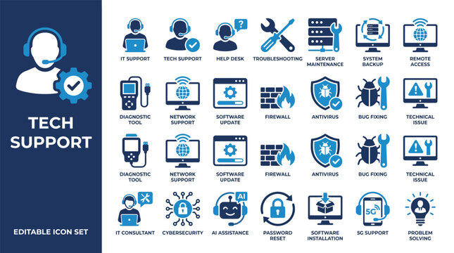 Tech Support Icon Set. Includes AI assistance, cybersecurity, 5G support, and system maintenance icons for web, apps, and technical presentations. Editable vector.