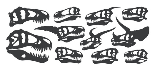 Collection of dark grey dinosaur skull silhouettes on white background prehistoric ancient fossil © Bappy