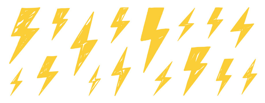 Collection of yellow lightning bolt symbols on a white background thunderbolt electricity energy power