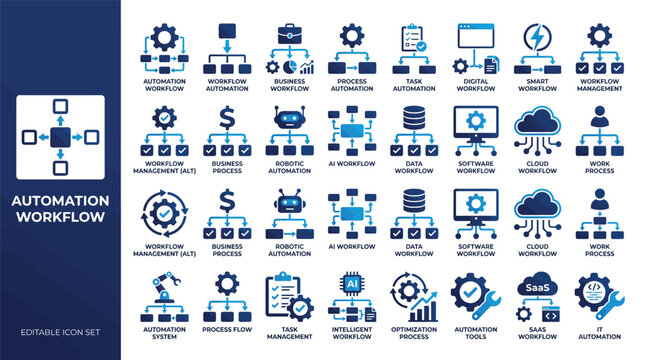 Automation workflow icon set .featuring digital transformation, robotic AI, cloud data, and task management symbols. Vector flat design for software and IT systems.