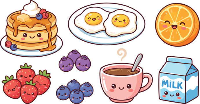 A premium set of high quality cute kawaii breakfast food characters featuring a stack of pancakes with syrup fried eggs coffee milk and fresh berries isolated on a white background for sticker design.