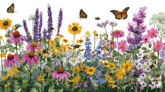 Vibrant watercolor illustration of a lush wildflower garden teeming with colorful blossoms, delicate butterflies, and busy bees, set against a clean white background.