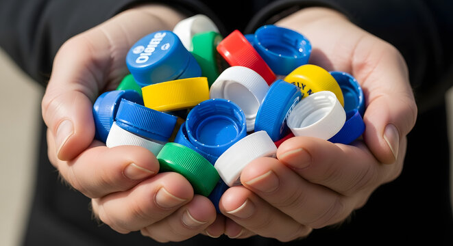 person holding colorful plastic bottle caps in hands for recycling or reuse