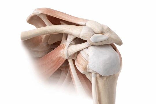 Shoulder joint anatomy rotator cuff muscles ligaments humerus scapula clavicle detailed medical skeletal structure realistic close up view isolated on white background