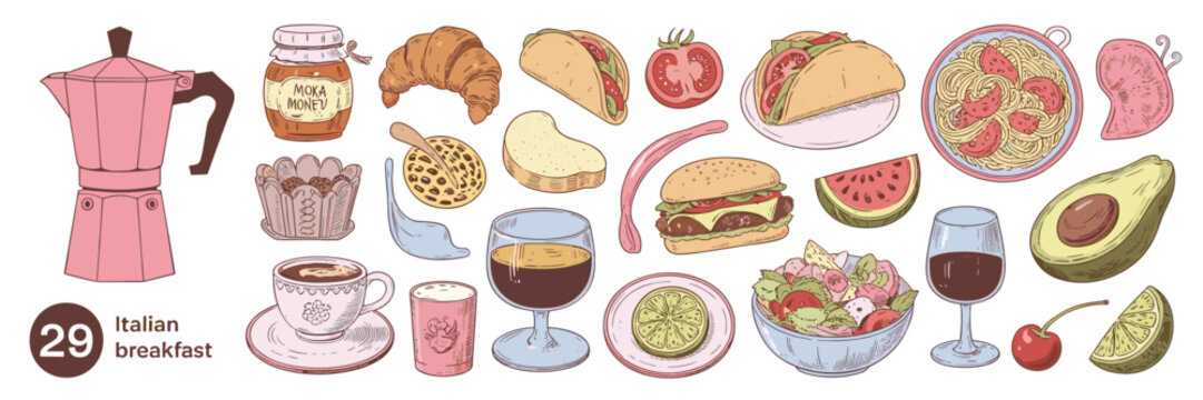Pink moka pot coffee cup croissant jar of honey taco burger pasta salad avocado watermelon and wine
