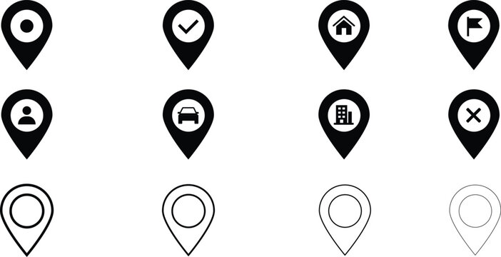 Modern Map Pin Icon Collection Vector Set. Navigation, Compass, GPS And Location Marker Symbols. Map marker, GPS target and travel direction symbols. Vector illustration