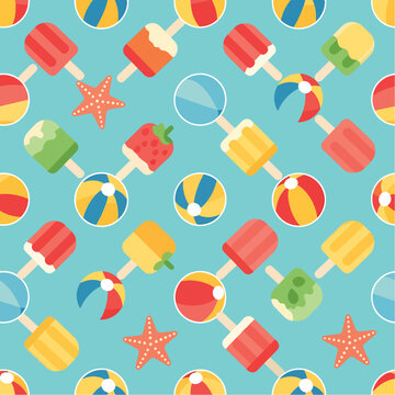 Colorful summer pattern featuring ice pops, beach balls, and starfish on a light blue background