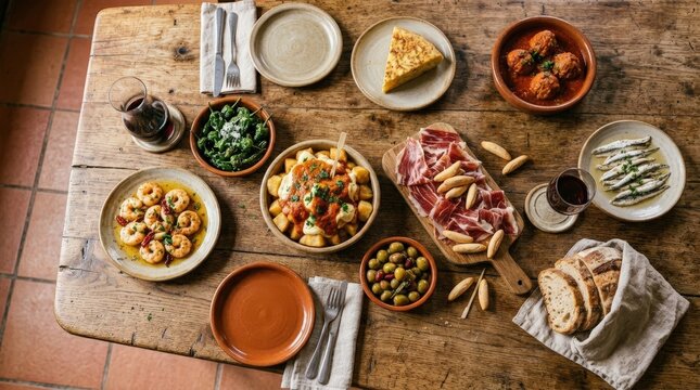 delicious assortment of tapas dishes on rustic wooden table, perfect for food marketing or restaurant advertising