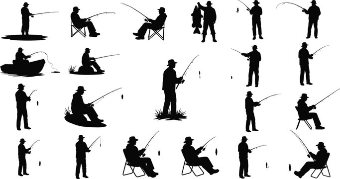 Fisherman silhouette collection featuring anglers with fishing rods catching fish in boats sitting on chairs and standing isolated on white.