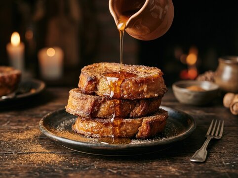 Warm, inviting stack of traditional torrijas drizzled with golden honey on a rustic plate, perfect for breakfast, brunch, or autumn-themed food marketing and lifestyle content.