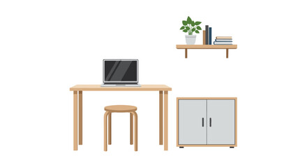 Fototapeta premium Minimalist home office workspace features a wooden desk with laptop, matching stool, small storage cabinet, and a wall-mounted shelf.