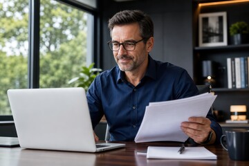 Fototapeta premium Focused businessman working on laptop, reviewing documents in a modern office. Professional male entrepreneur managing business tasks, analyzing reports, and using technology for productivity.