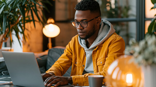 Young man using laptop in public space