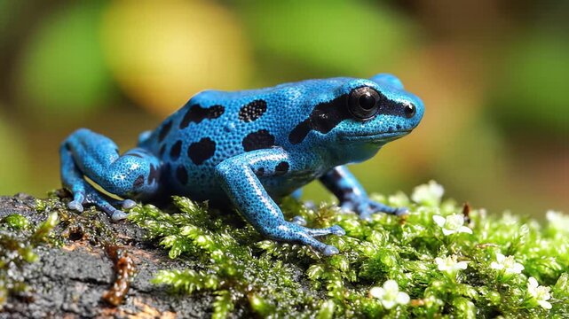 Vibrant Blue Poison Dart Frog Perched on Mossy Log in Rainforest.