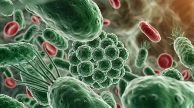 Microscopic view of bacteria and red blood cells in the bloodstream.