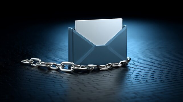 Blue envelope with white paper secured by metal chain on textured dark surface with blue lighting effect concept of secured communication and privacy