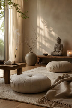 Tranquil Zen meditation room with candles and natural decor interior