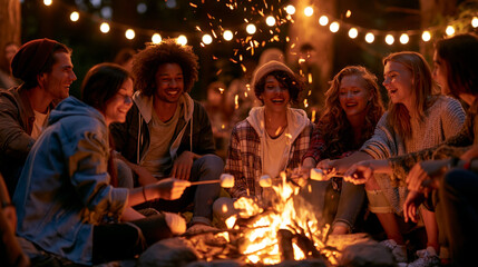 Fototapeta premium Group of happy friends gathering around campfire 