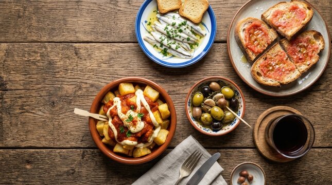 Delicious spanish tapas on a rustic wooden table, perfect for food and drink marketing or advertising