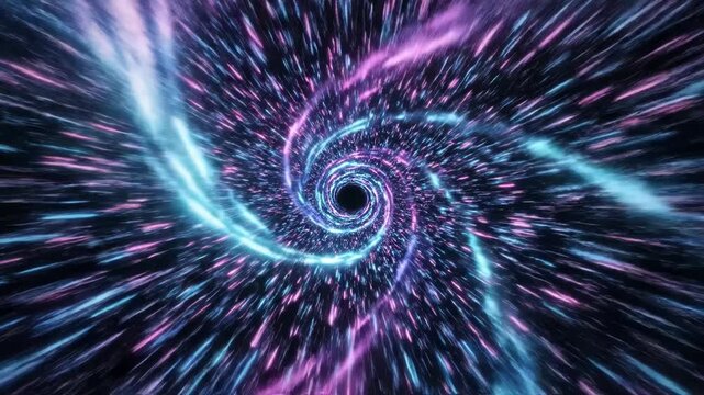 Abstract background with a glowing blue and pink spiral tunnel effect, representing a futuristic wormhole or hyperspace travel through a cosmic galaxy
