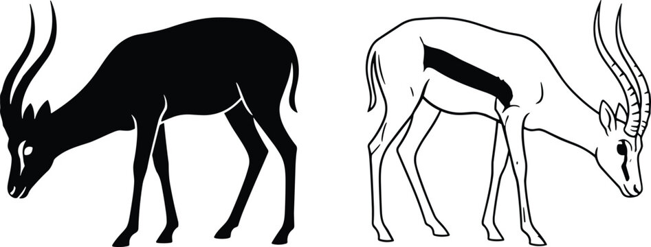 Black and White Gazelle Antelope Vector Silhouettes Set Featuring Detailed Horns and Standing Profiles for Wildlife Nature Design Projects
