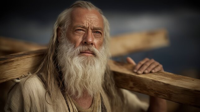 Biblical story, Noah leads the ark&rsquo;s construction with steadfast faith, his aged strength guiding his sons as gathering animals and darkening skies signal obedience before the coming flood.
