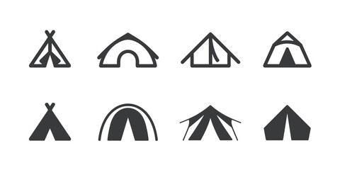 Eight different styles of camping tents depicted as simple dark grey on a white background shelter outdoor © Bappy