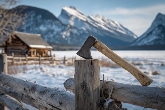 Axe embedded in a log fence within a snowy winter landscape, featuring mountains, a frozen lake, and a rustic cabin, evoking seasonal outdoor wilderness.