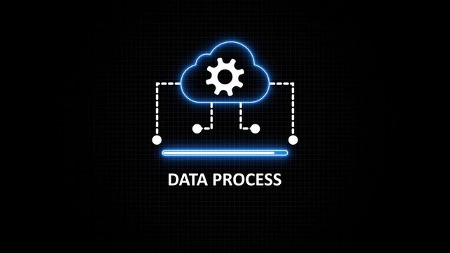 Cloud data processing animation with neon tech style and gear for digital transformation