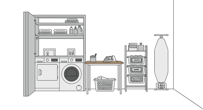 Efficient laundry room design features a built-in washing machine and dryer, storage shelves for towels, work table, and ironing board.