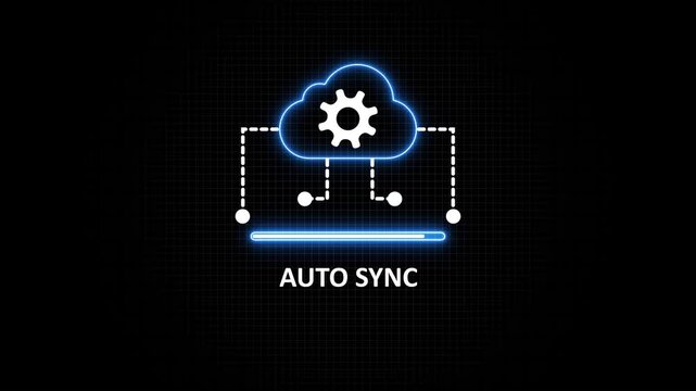 Animated cloud auto sync with gear, glowing neon style data transfer concept gear neon style
