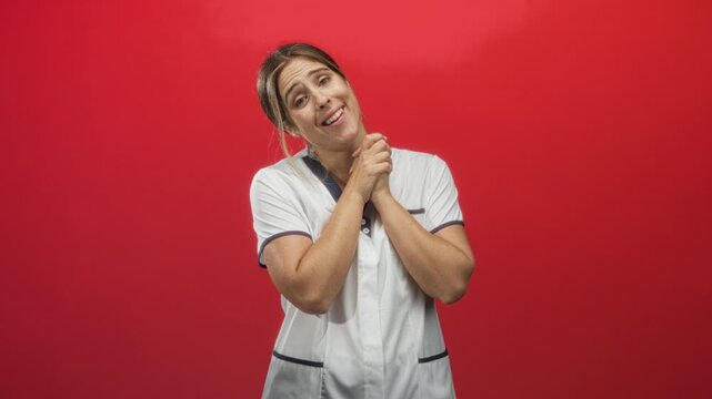 Woman nurse in white uniform clasping hands in pleading pose, head tilted and smiling against red studio backdrop; hopeful care.