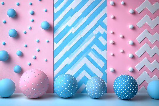 A vibrant flat lay composition featuring pink and blue spheres arranged on patterned backgrounds