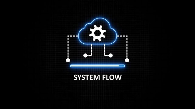 Animated cloud computing system flow diagram with gear and connectivity 1. cloud computing animation