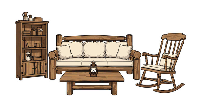Rustic living room setup features a sofa and coffee table made of natural logs, a traditional rocking chair, and a wooden storage cabinet.