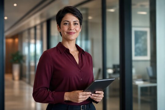 Confident businesswoman in a modern office hallway, holding a digital tablet. Professional female executive, smiling and looking at the camera, representing leadership and success in corporate