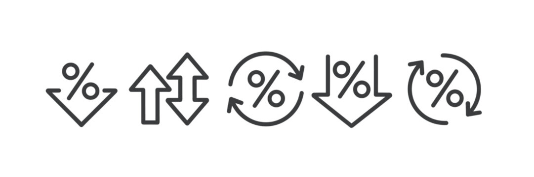 Set of six dark grey line showing percentage signs with up down and circular arrows on a white background