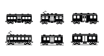 Flat vector illustration of various train cars in black silhouette © MdNirob