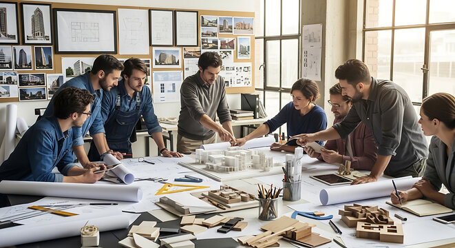 Group of professional architects working on building project with 3D model