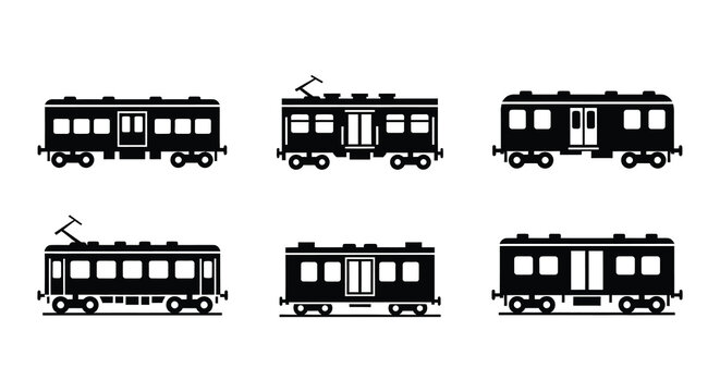 Flat vector illustration of various train cars in black silhouette