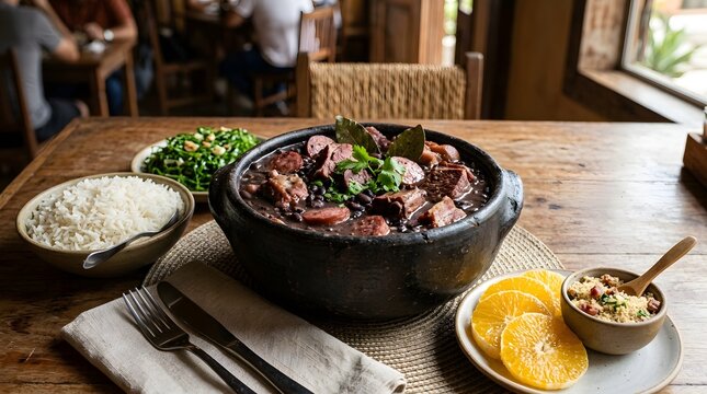 Feijoada in ceramic bowl on wooden table with rice, greens, oranges, and nuts