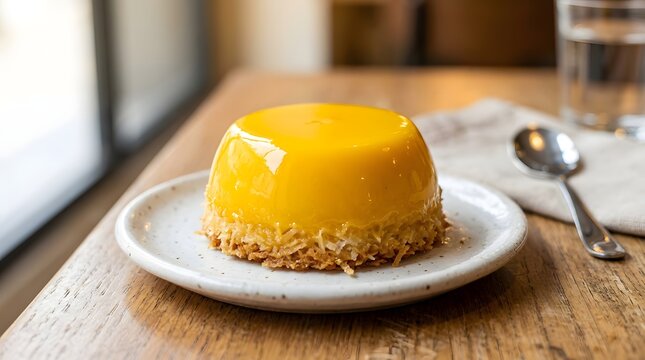 Glossy yellow quindim dessert on white plate, Brazilian sweet treat